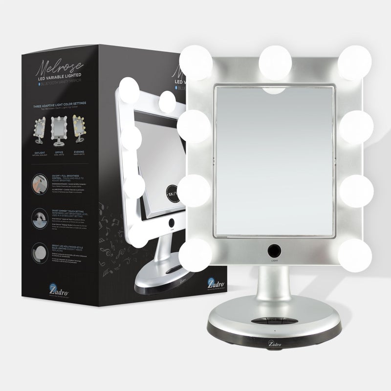 Zadro Melrose LED Variable 3-Color Lighted Dual-Sided 5X/1X Magnification Bluetooth Vanity Beauty Makeup Hollywood-Style Mirror, Satin Nickel - Image 4